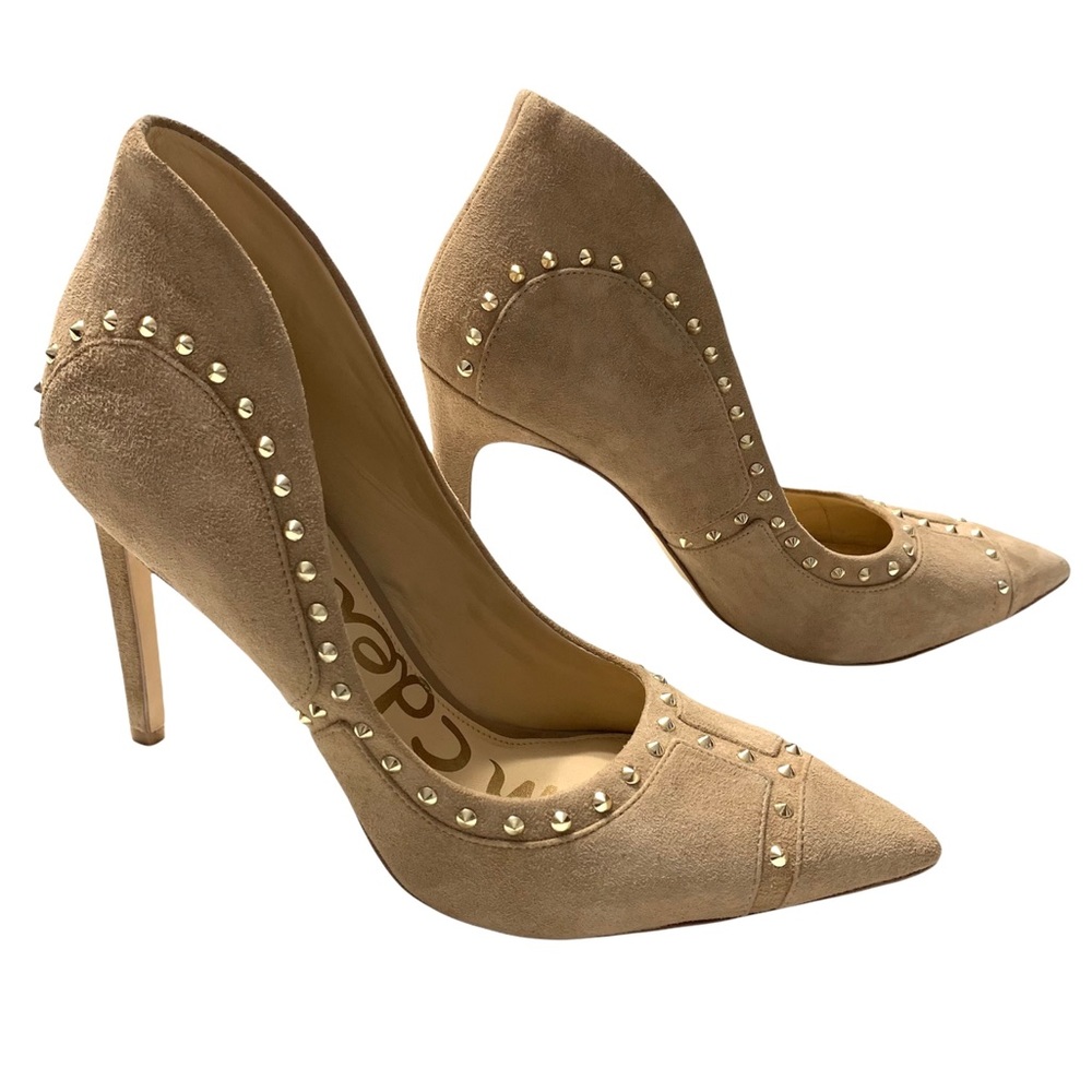 Sam Edelman Suede Leather Gold Studded High Heels Pointy Toe Stiletto